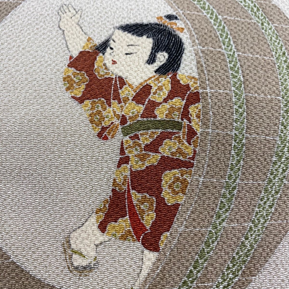 名古屋帯 秀品 関口遼一 落款 童 縮緬 クリーム 正絹