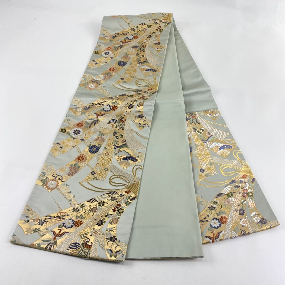  袋帯 秀品 束ね熨斗 鶴 刺繍 箔 薄緑 六通 正絹 袋帯 帯