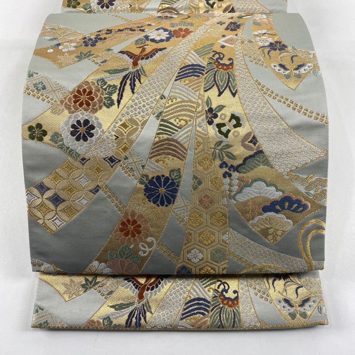 袋帯 秀品 束ね熨斗 鶴 刺繍 箔 薄緑 六通 正絹