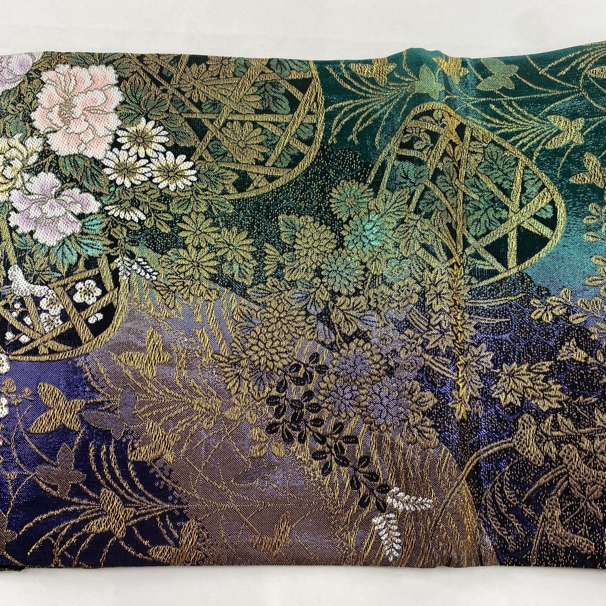  袋帯 秀品 振袖向け 花籠 草花 金糸 箔 緑 六通 正絹 袋帯 帯