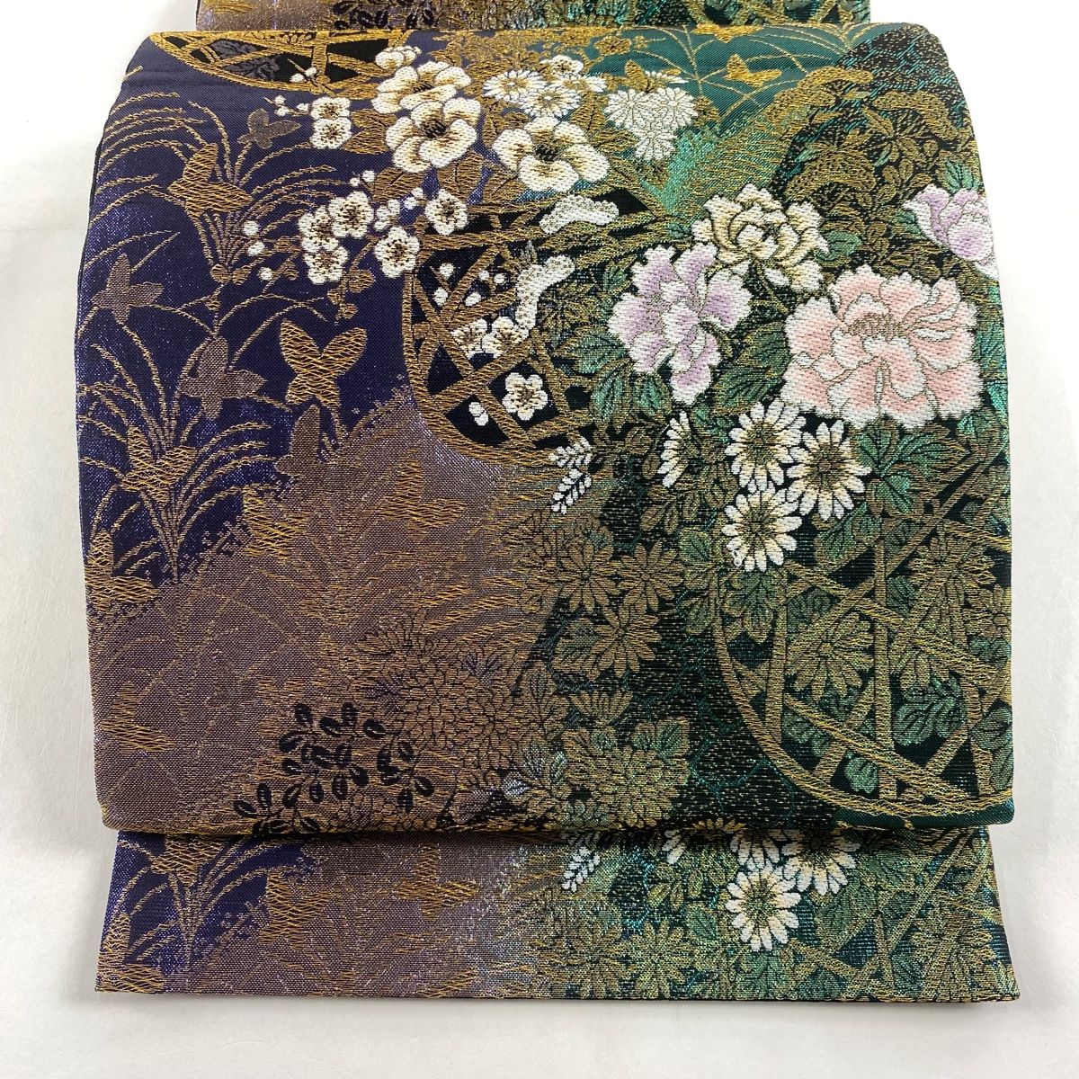 袋帯 秀品 振袖向け 花籠 草花 金糸 箔 緑 六通 正絹