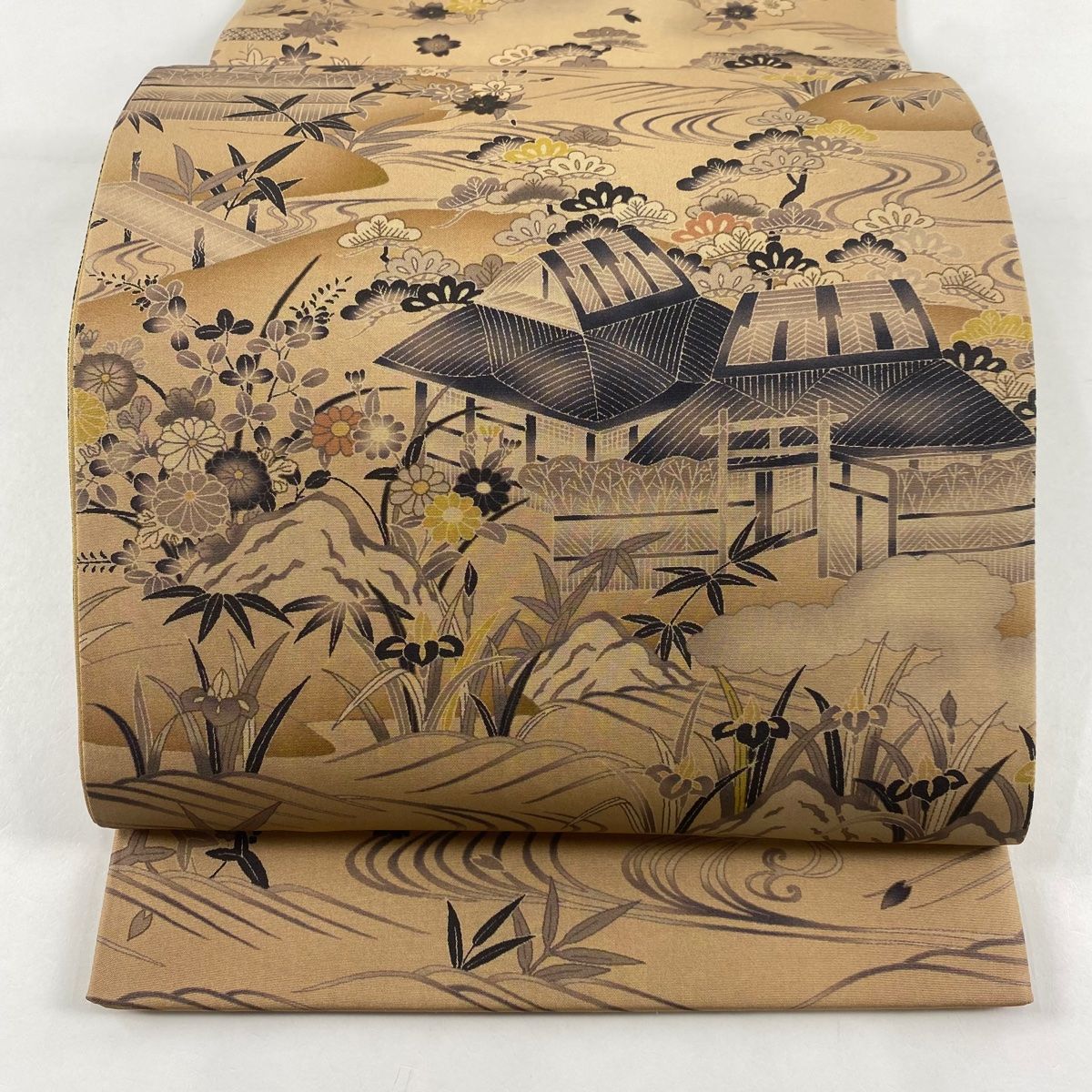 袋帯 秀品 柿渋染 家屋 松竹梅 薄茶色 お太鼓柄 正絹