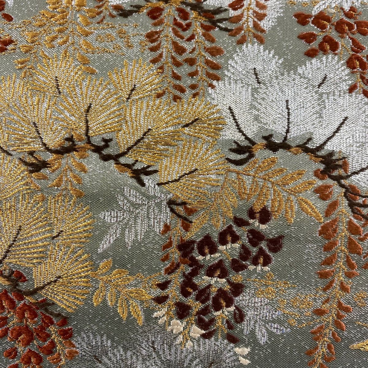 袋帯 秀品 藤 刺繍 箔 灰緑 お太鼓柄 正絹