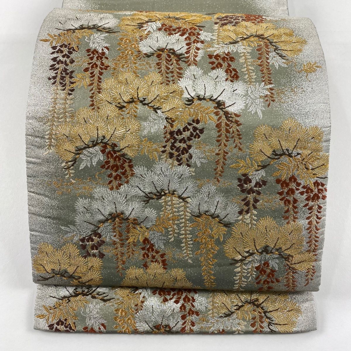 袋帯 秀品 藤 刺繍 箔 灰緑 お太鼓柄 正絹