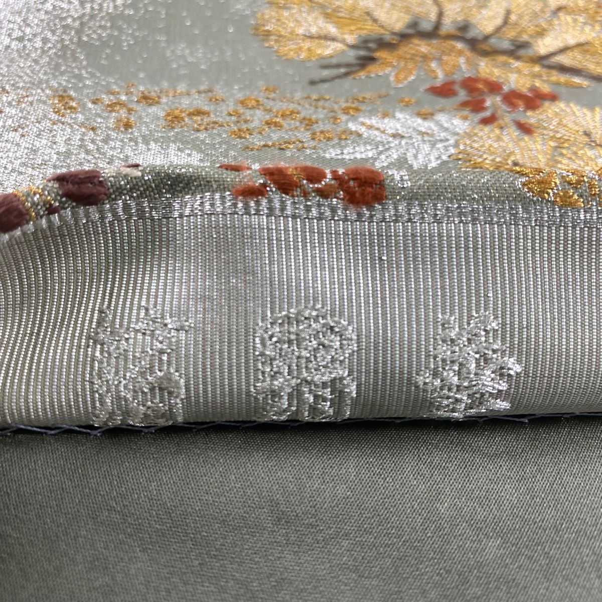  袋帯 秀品 藤 刺繍 箔 灰緑 お太鼓柄 正絹 袋帯 帯