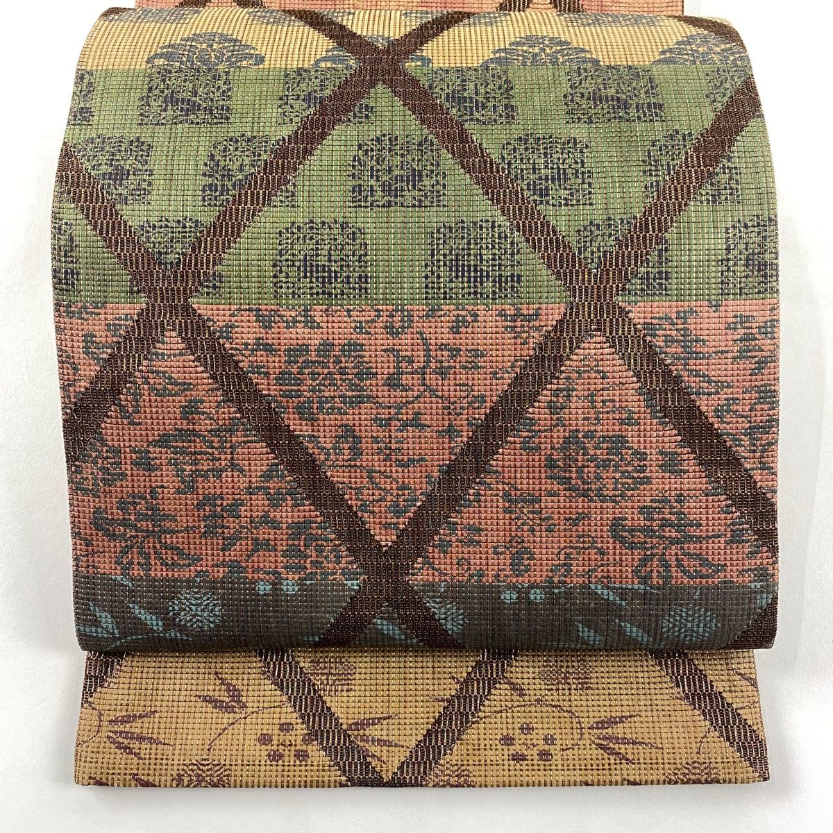 袋帯 秀品 笹蔓 草花 金糸 茶色 六通 正絹