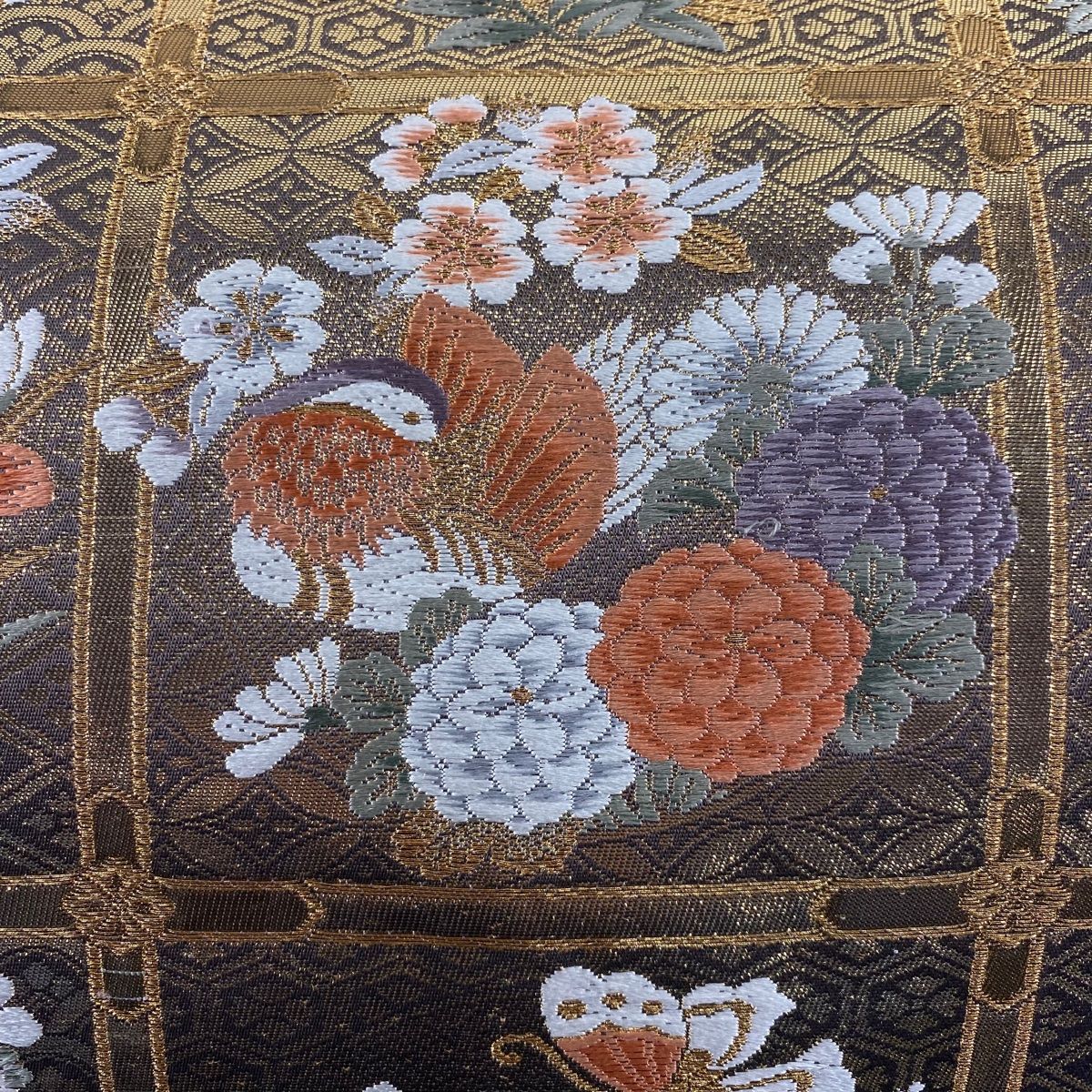 袋帯 秀品 鴛鴦 花丸文 箔 刺繍 金色 六通 正絹