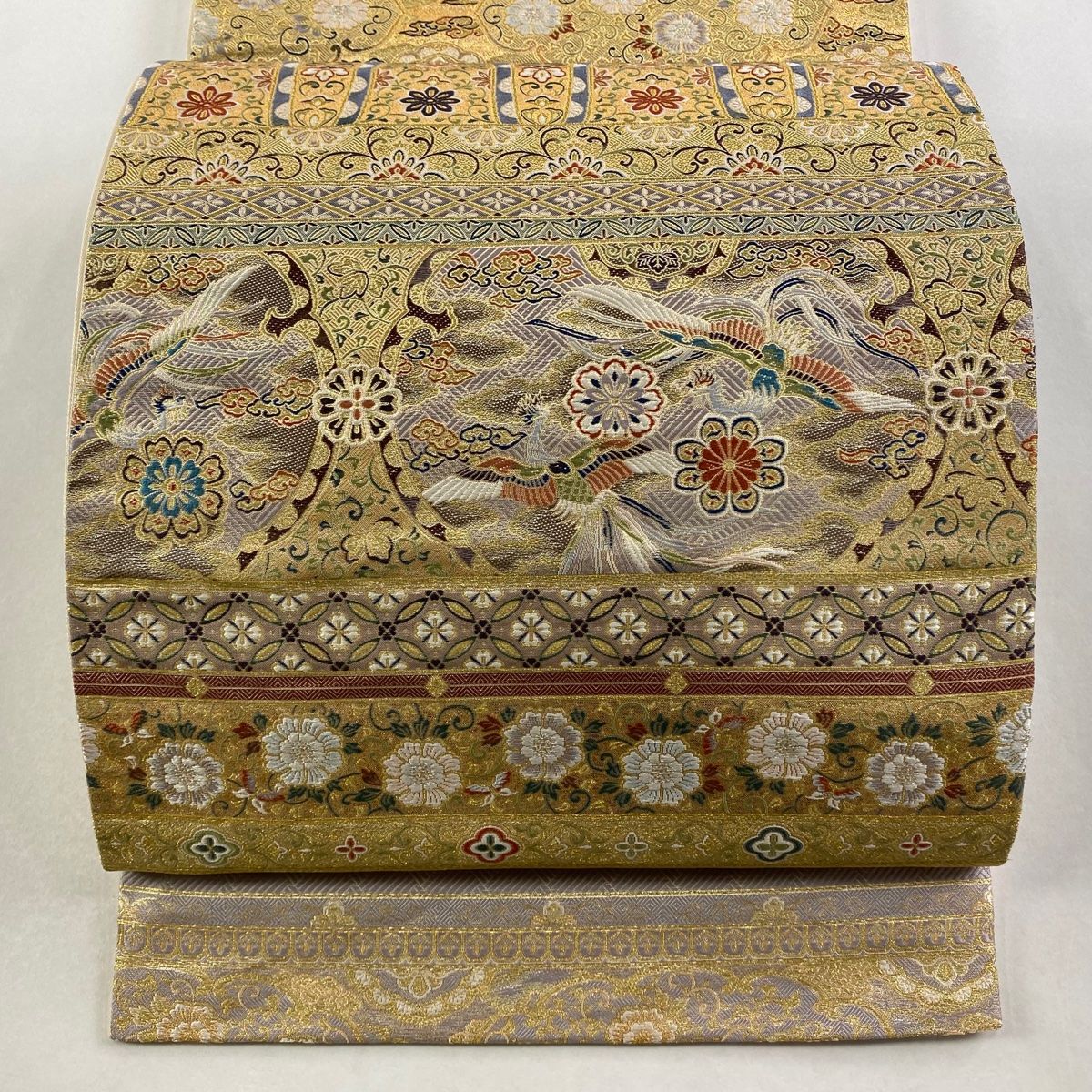 袋帯 秀品 横段 花鳥 金糸 箔 金色 六通 正絹