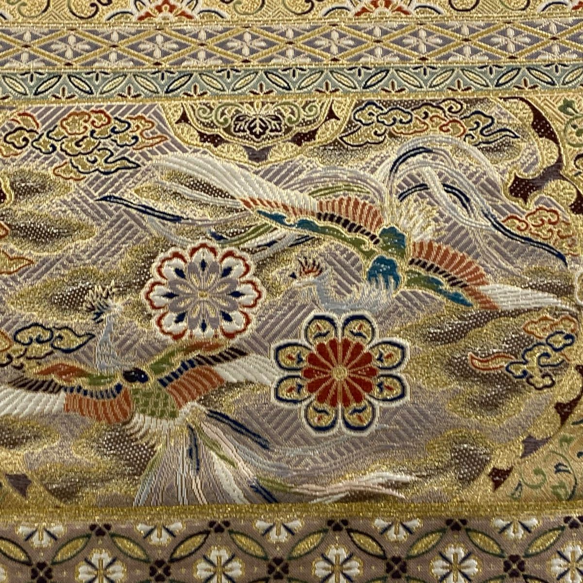 袋帯 秀品 横段 花鳥 金糸 箔 金色 六通 正絹