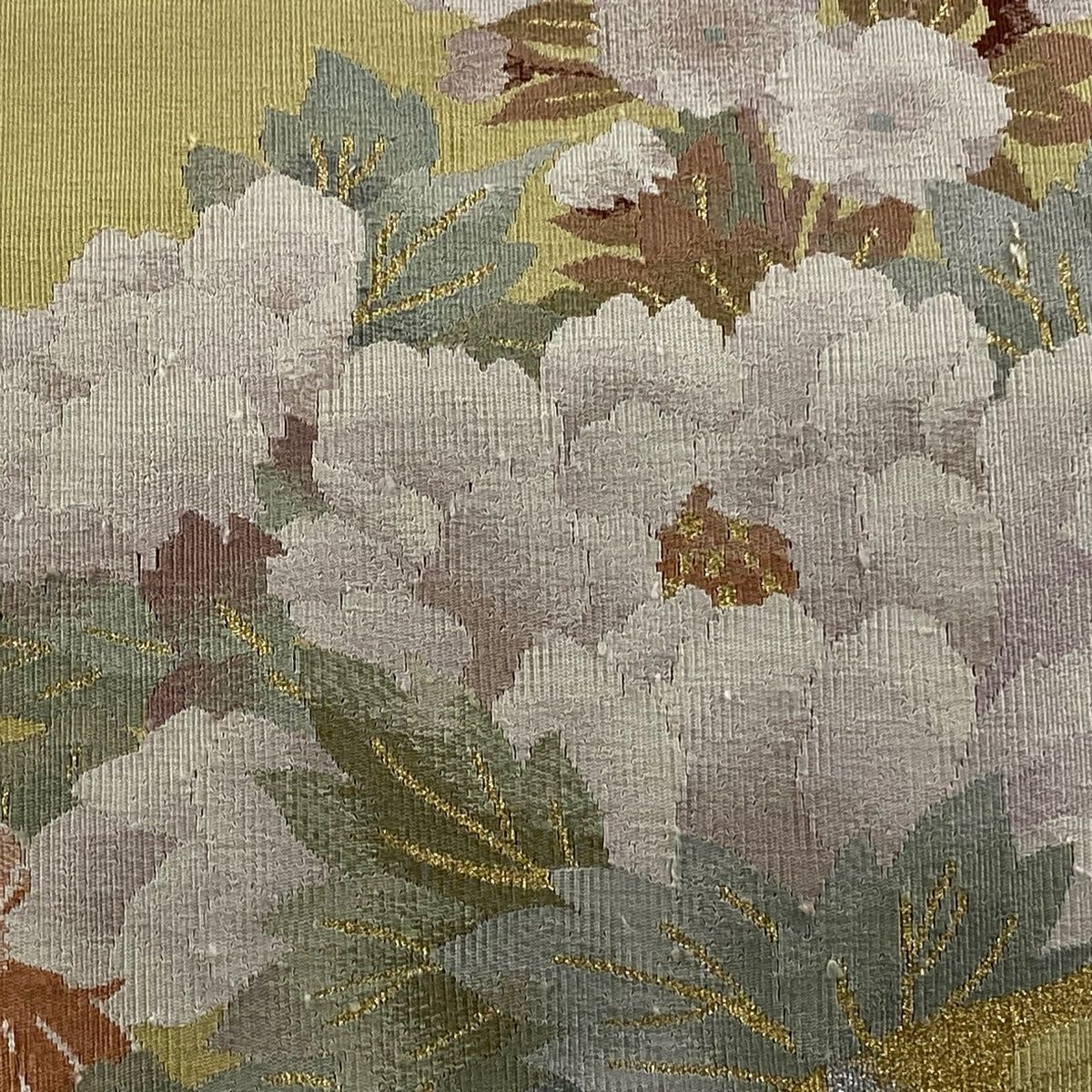 名古屋帯 秀品 八寸名古屋帯 松葉仕立て 牡丹 菊 金銀糸 ベージュ 正絹