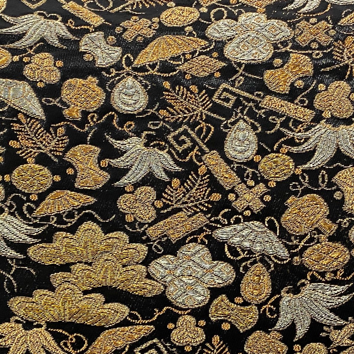 袋帯 秀品 宝づくし 若松 金銀糸 箔 黒 六通 正絹