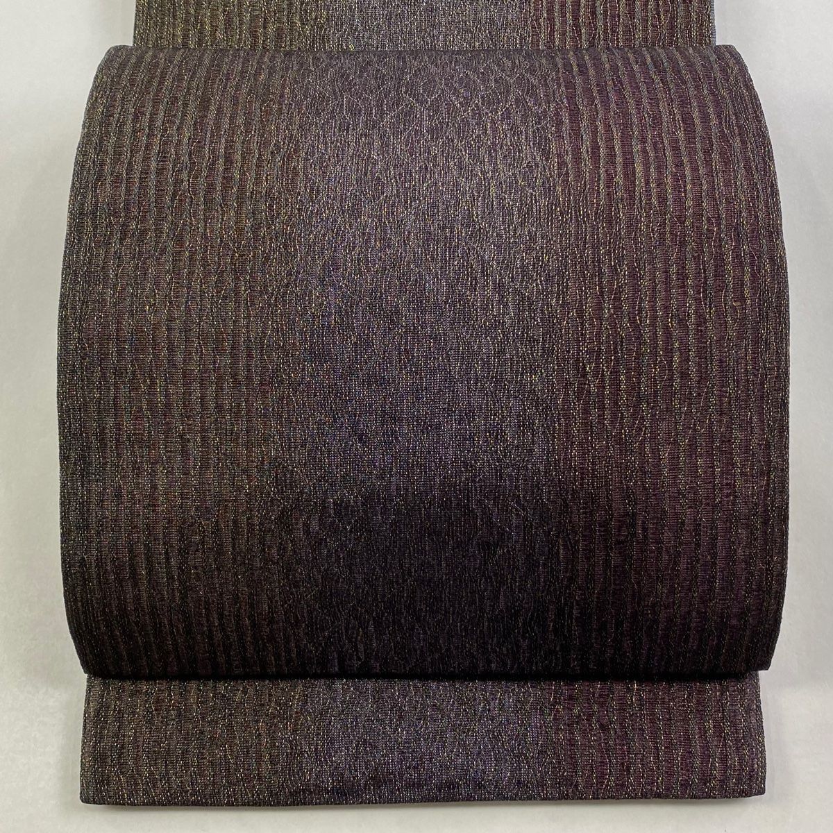 袋帯 秀品 落款 遊楽 縞 幾何学 金銀糸 ラメ糸 濃紫 全通 正絹