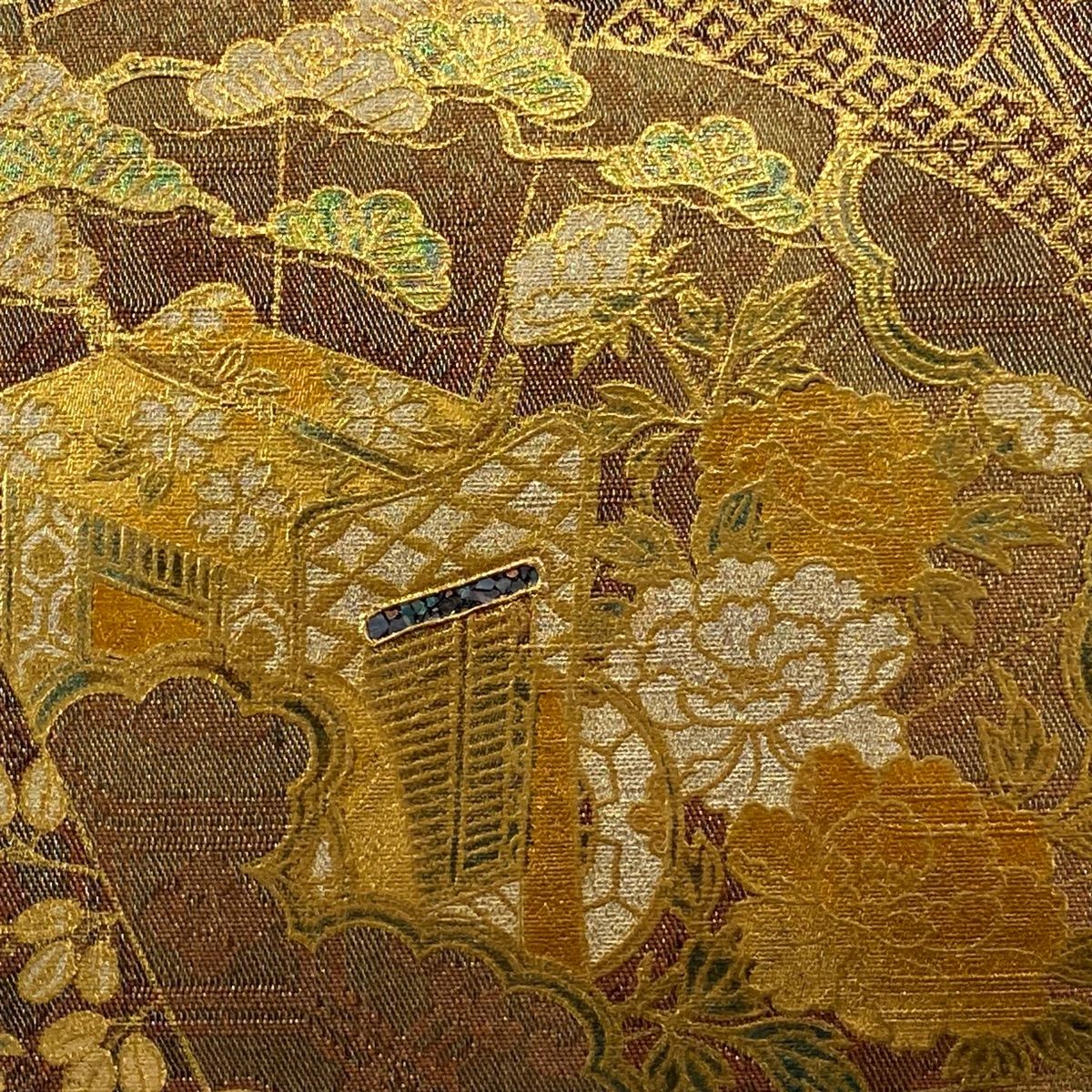 袋帯 秀品 御所車 花鳥 金銀彩 金糸 茶色 お太鼓柄 正絹