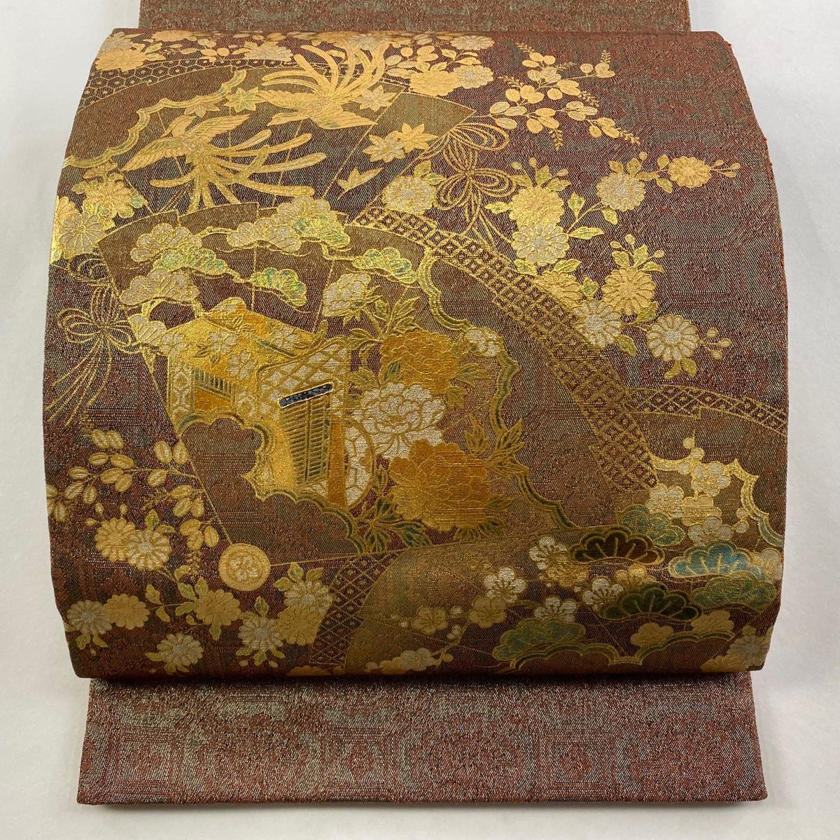 袋帯 秀品 御所車 花鳥 金銀彩 金糸 茶色 お太鼓柄 正絹