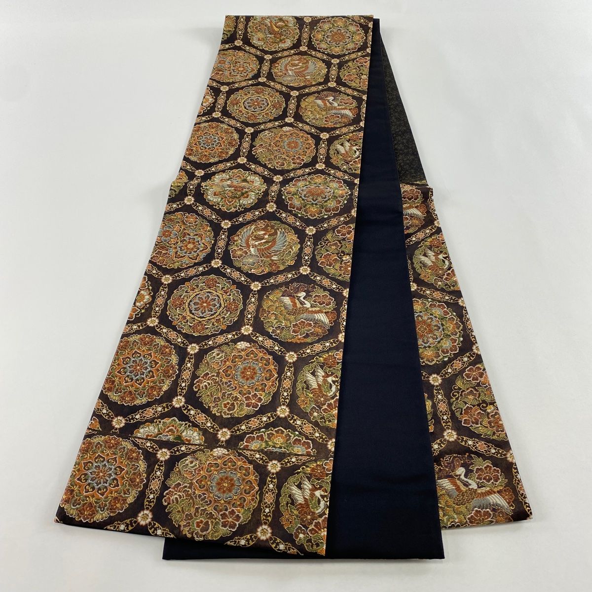  袋帯 秀品 亀甲取正倉華紋 花鳥 金糸 箔 焦茶色 六通 正絹 袋帯 帯
