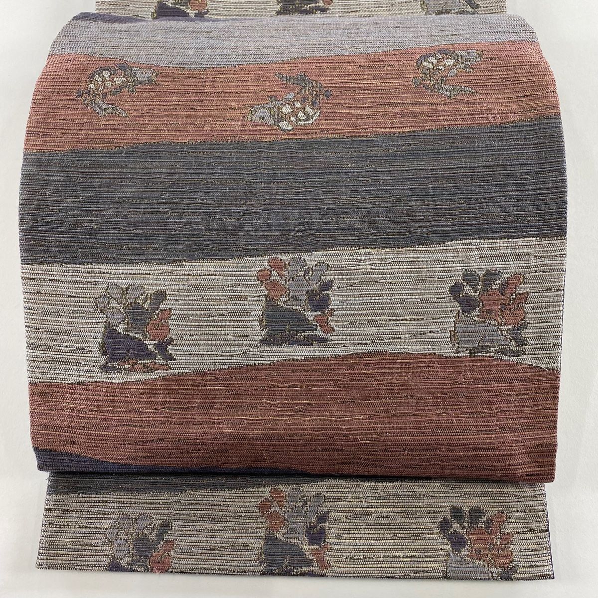 袋帯 秀品 花うさぎ 荒磯 銀糸 箔 薄紫 六通 正絹