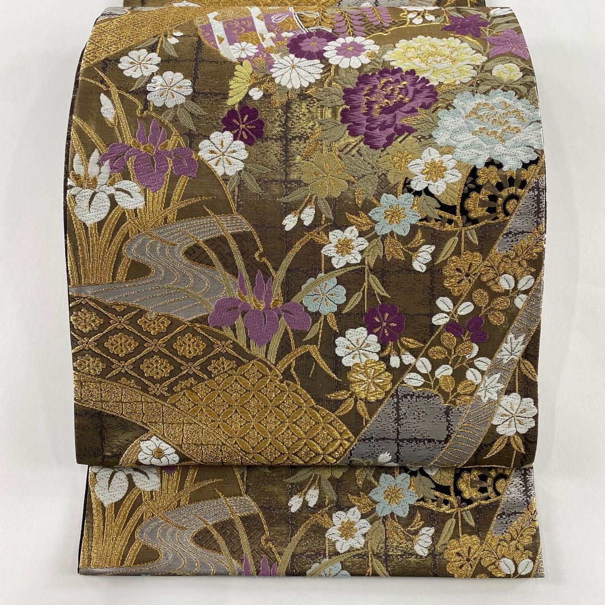 袋帯 秀品 花車 雪輪 唐織 箔 金茶 六通 正絹