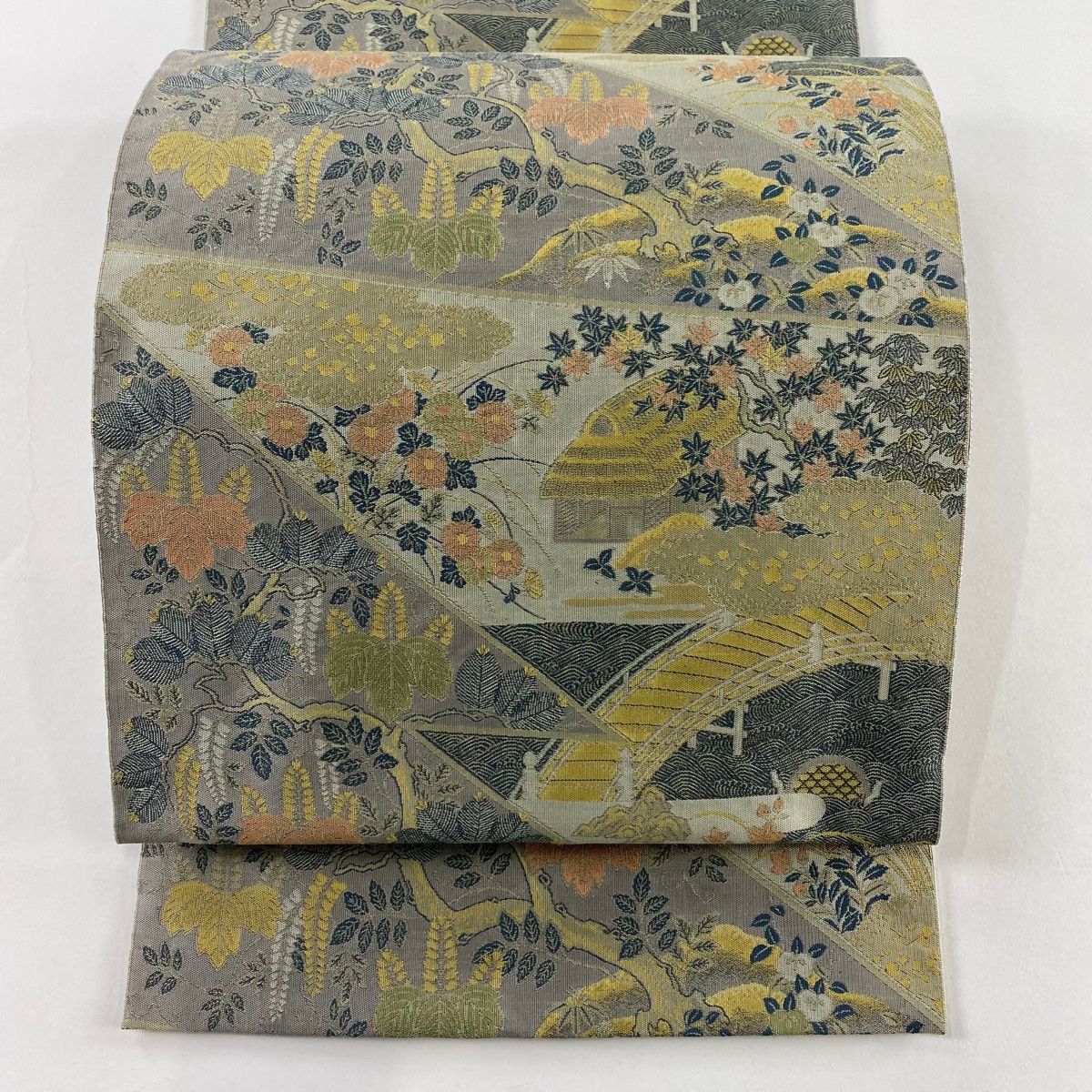 袋帯 秀品 落款 萬葉 家屋 橋 灰色 全通 正絹