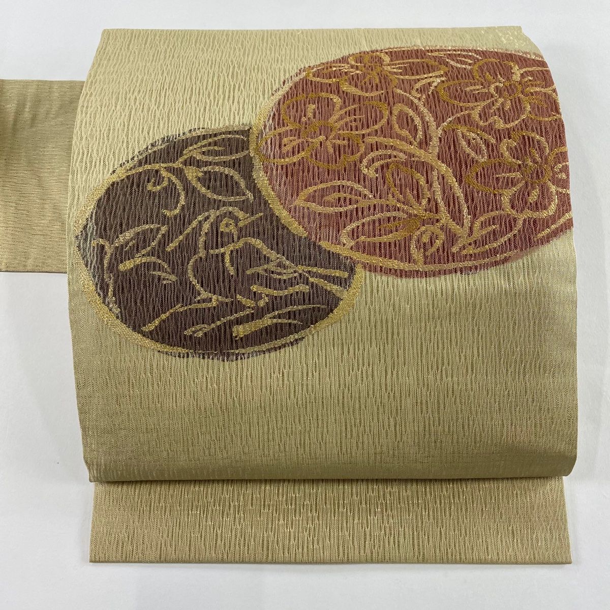 名古屋帯 秀品 草花 鳥 箔 金糸 薄茶色 正絹