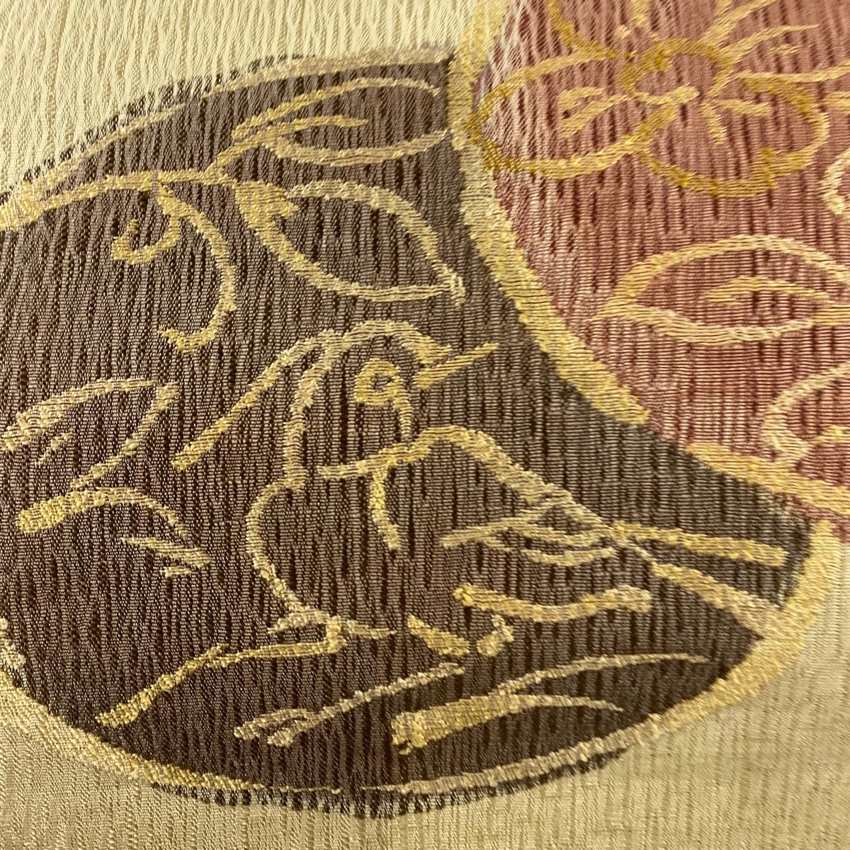 名古屋帯 秀品 草花 鳥 箔 金糸 薄茶色 正絹