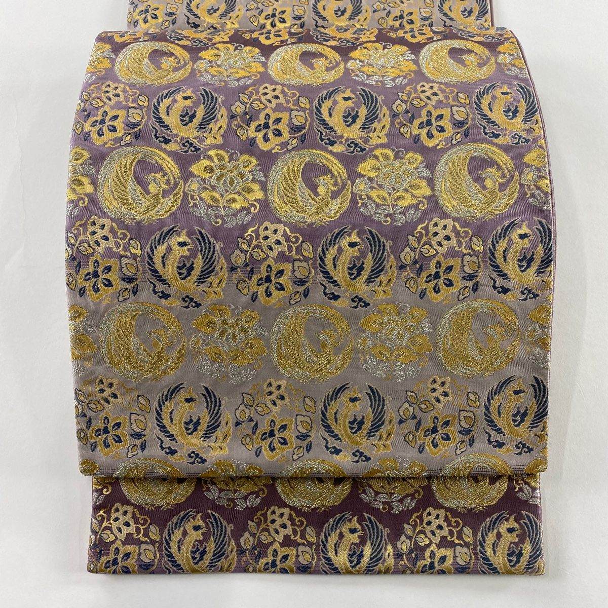袋帯 秀品 鳳凰 草花 箔 金銀糸 薄紫 六通 正絹