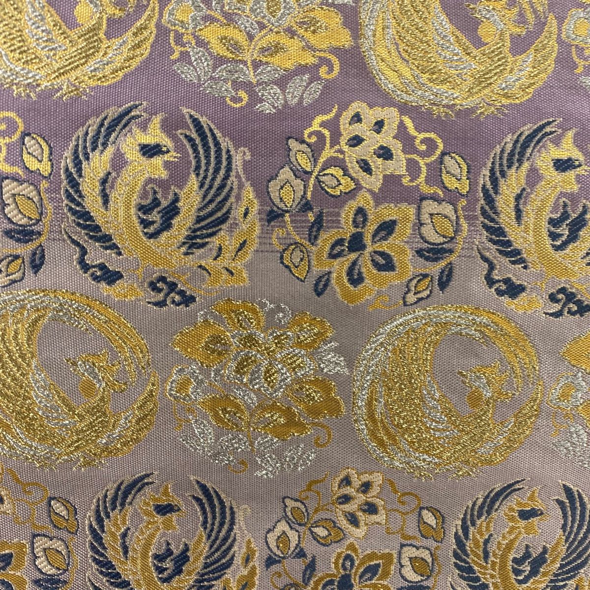 袋帯 秀品 鳳凰 草花 箔 金銀糸 薄紫 六通 正絹