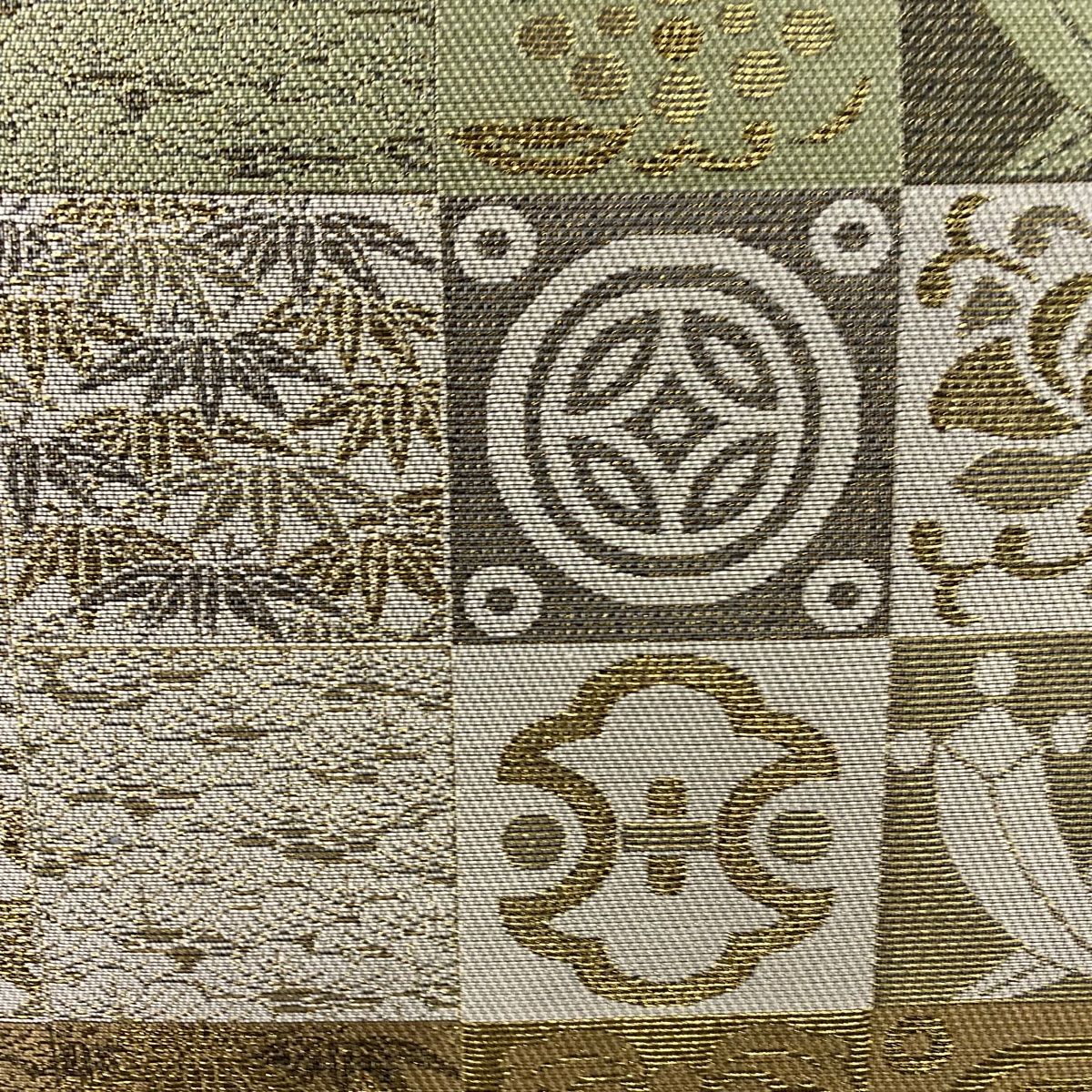 袋帯 秀品 宝尽くし 松竹 金糸 灰緑 六通 正絹