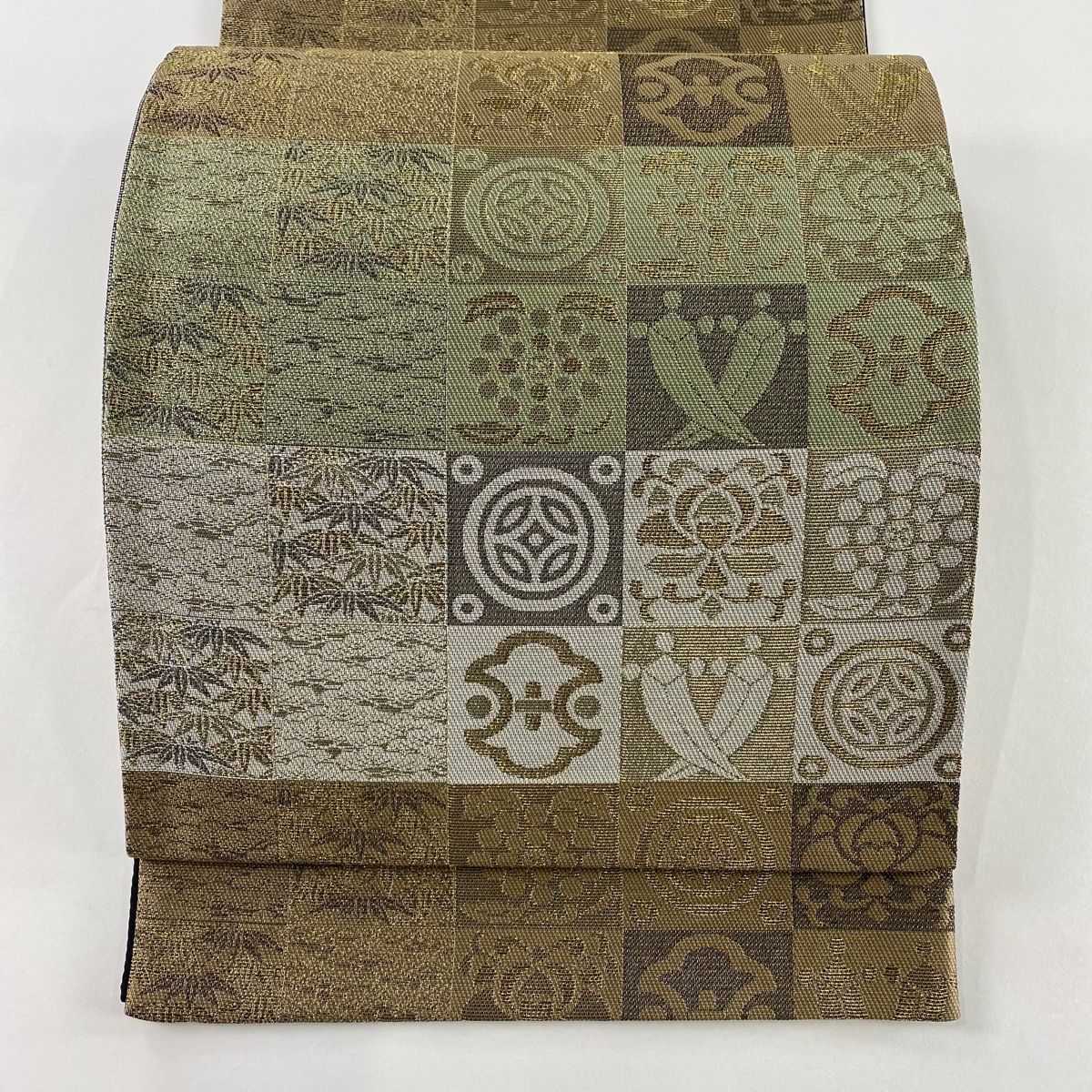 袋帯 秀品 宝尽くし 松竹 金糸 灰緑 六通 正絹