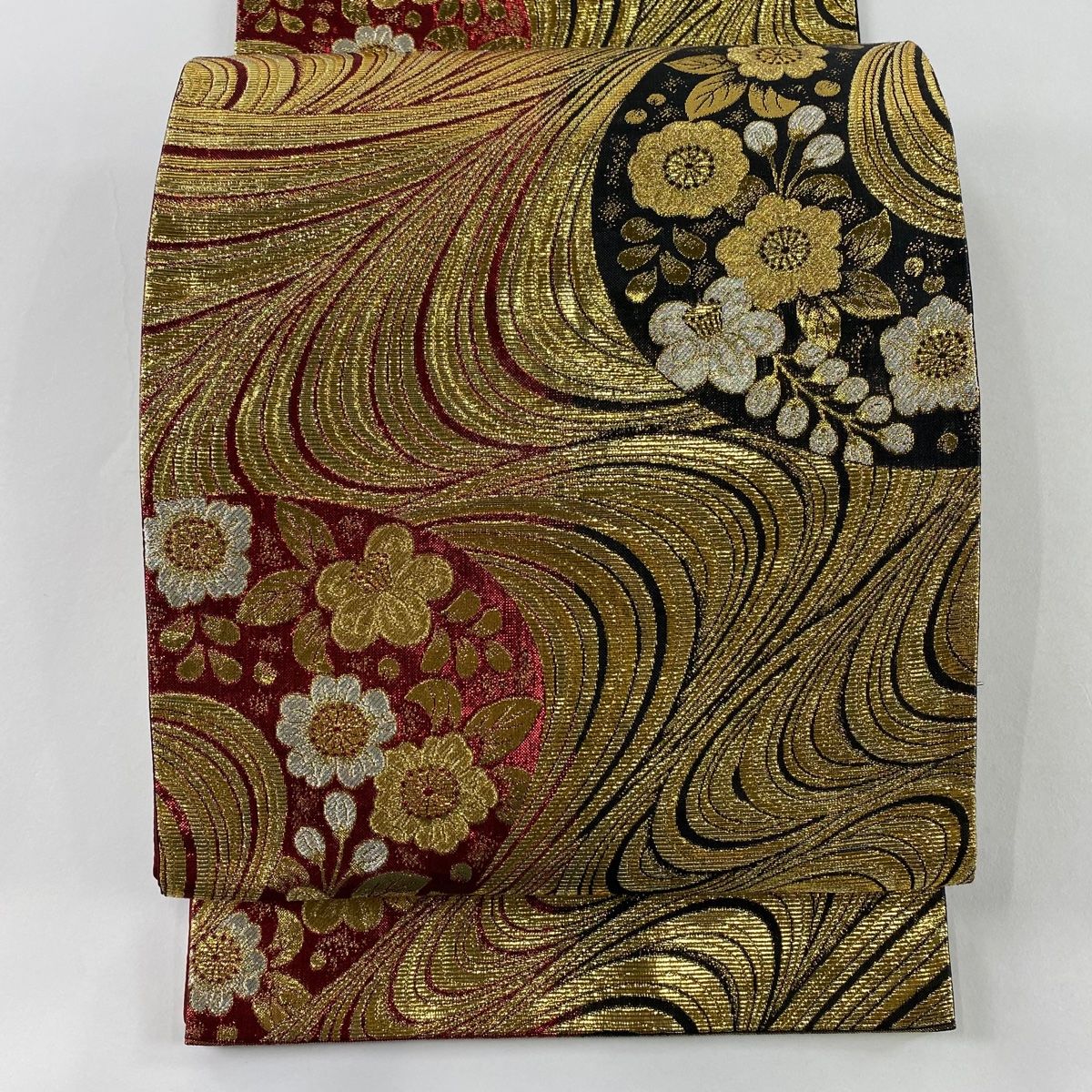 袋帯 秀品 草花 流水 金糸 箔 金色 六通 正絹