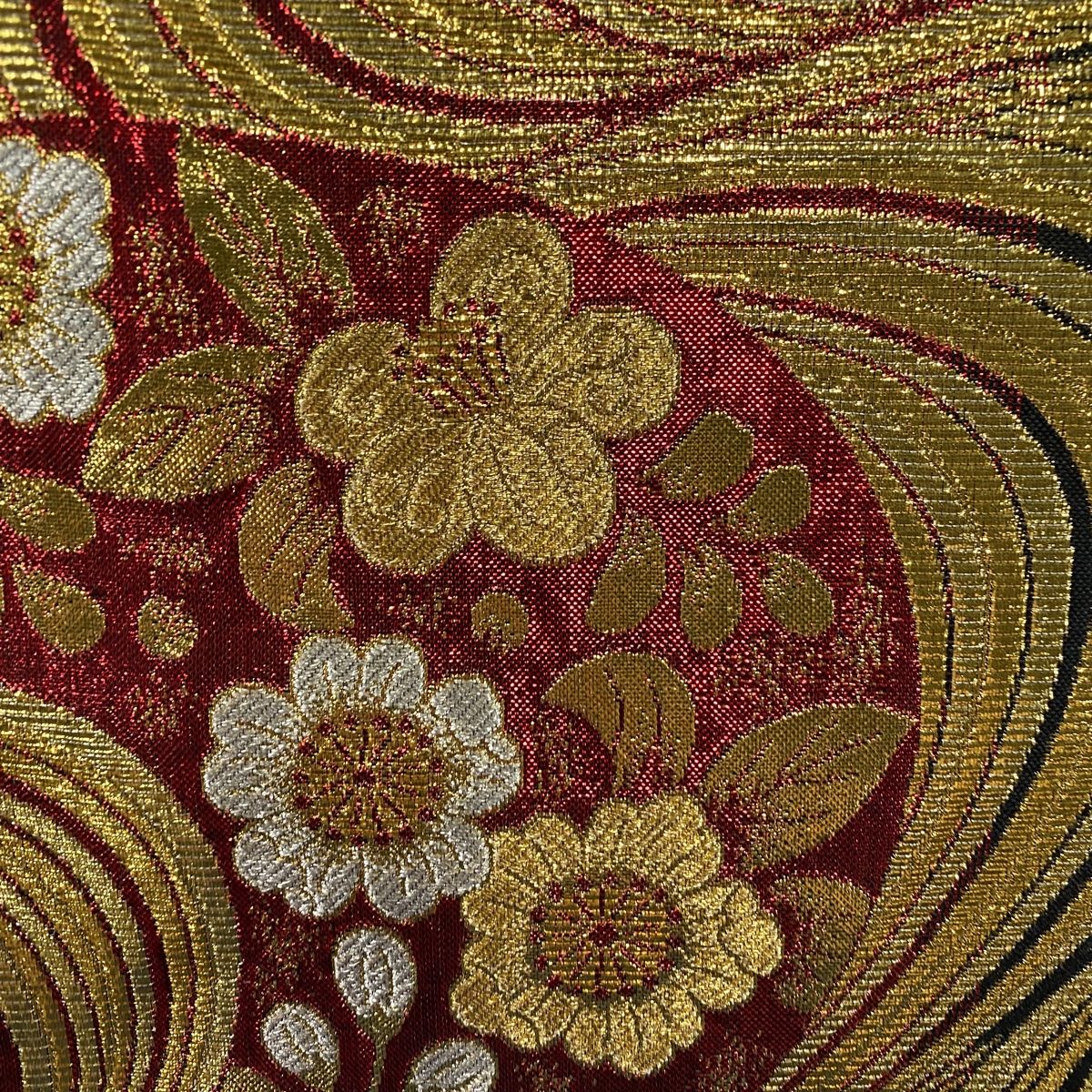 袋帯 秀品 草花 流水 金糸 箔 金色 六通 正絹