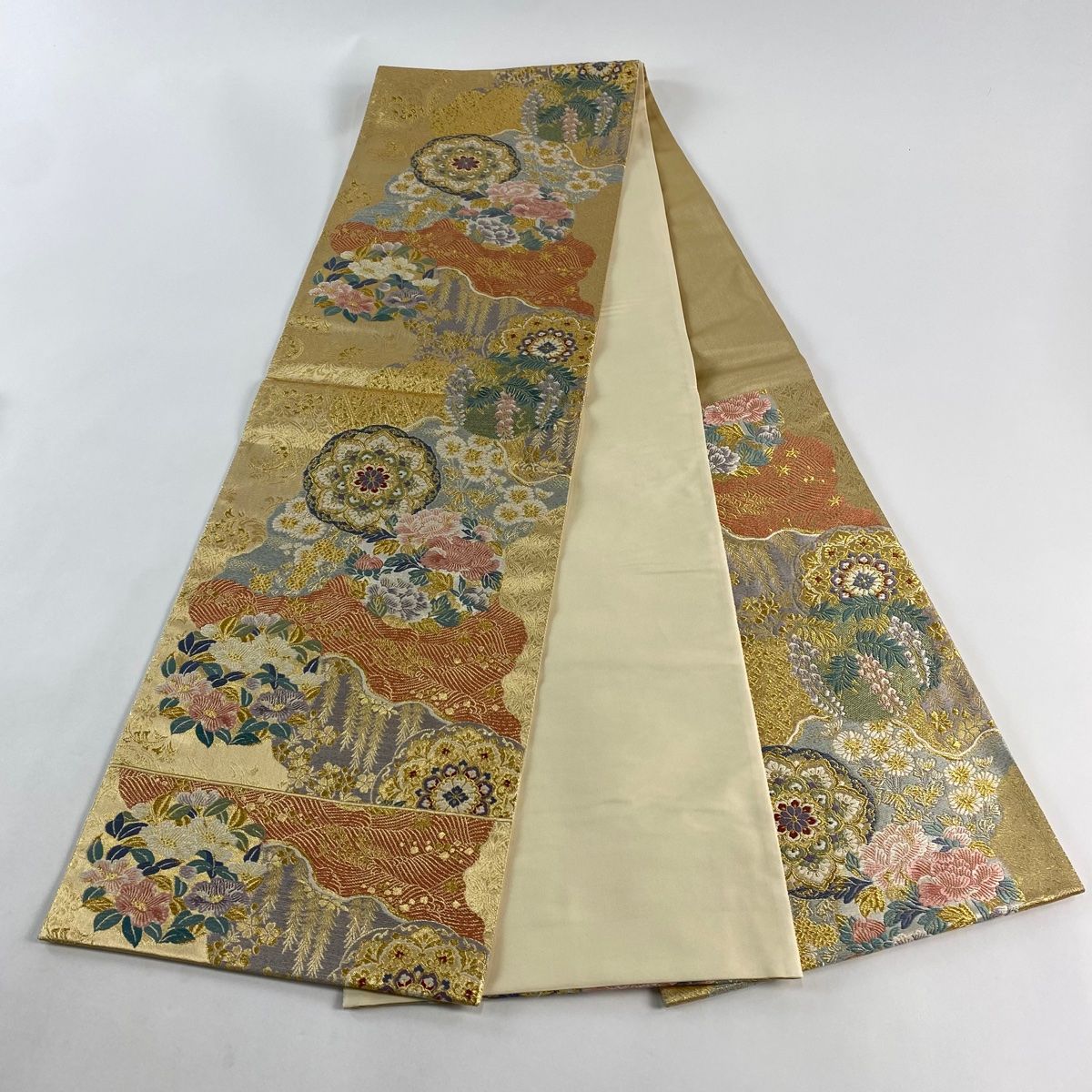  袋帯 秀品 鈴乃屋 華文 草花 金糸 刺繍 金色 六通 正絹 袋帯 帯