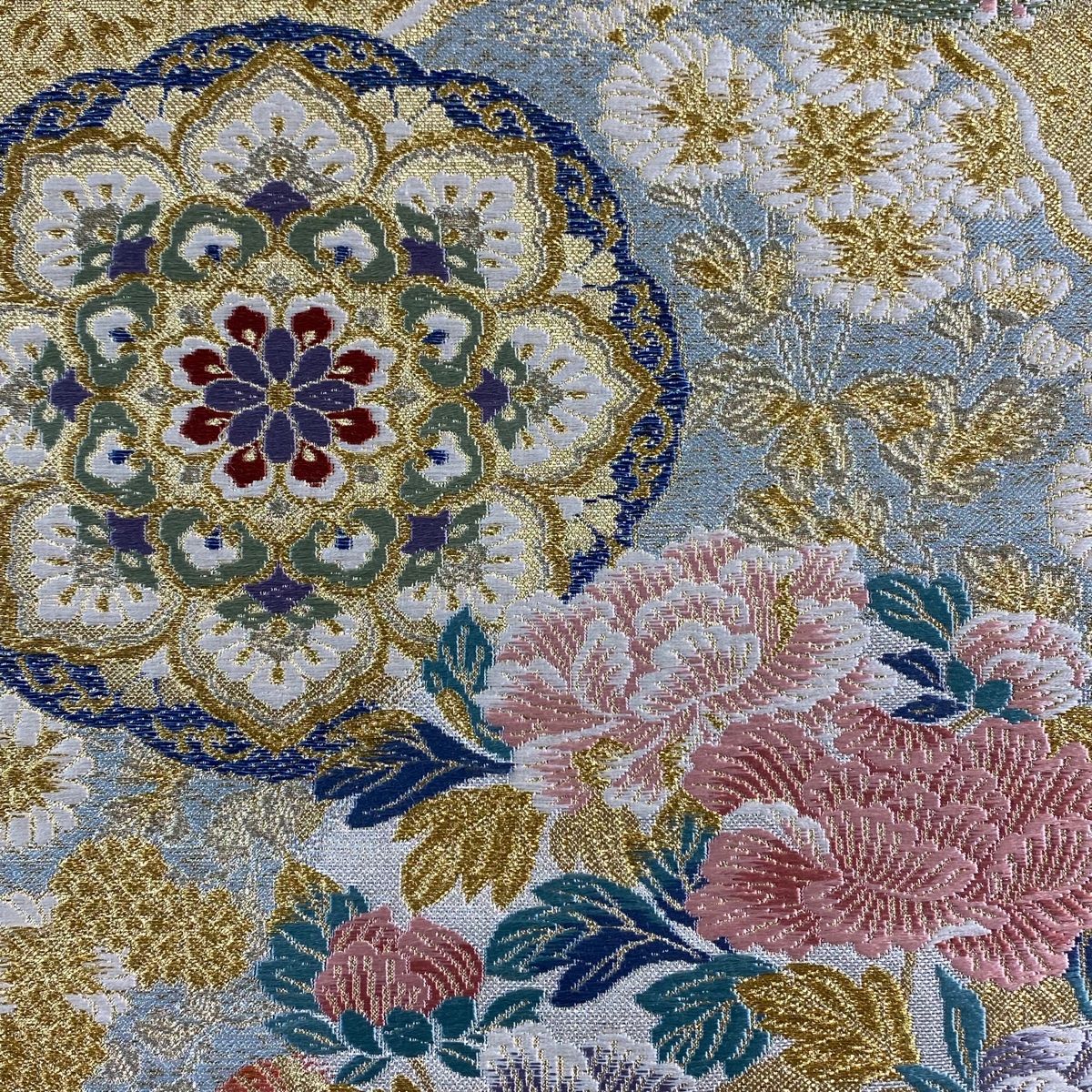 袋帯 秀品 鈴乃屋 華文 草花 金糸 刺繍 金色 六通 正絹