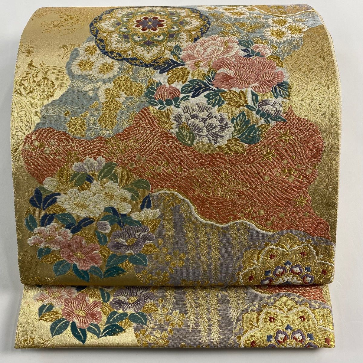 袋帯 秀品 鈴乃屋 華文 草花 金糸 刺繍 金色 六通 正絹