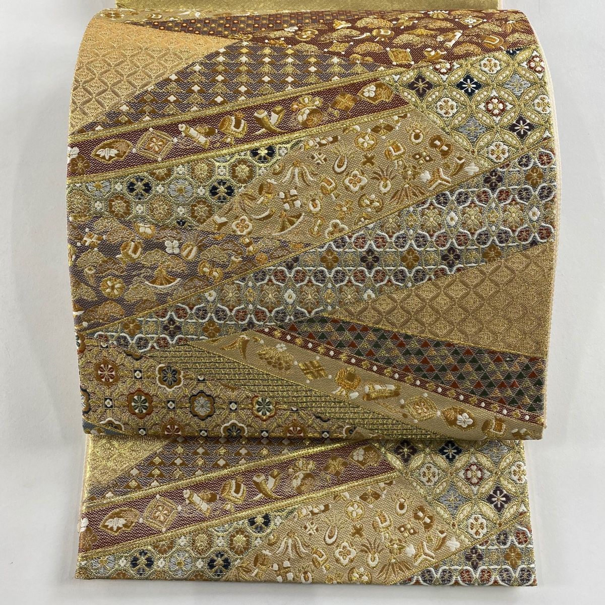 袋帯 秀品 宝尽くし 蜀江華文 金糸 箔 金色 六通 正絹