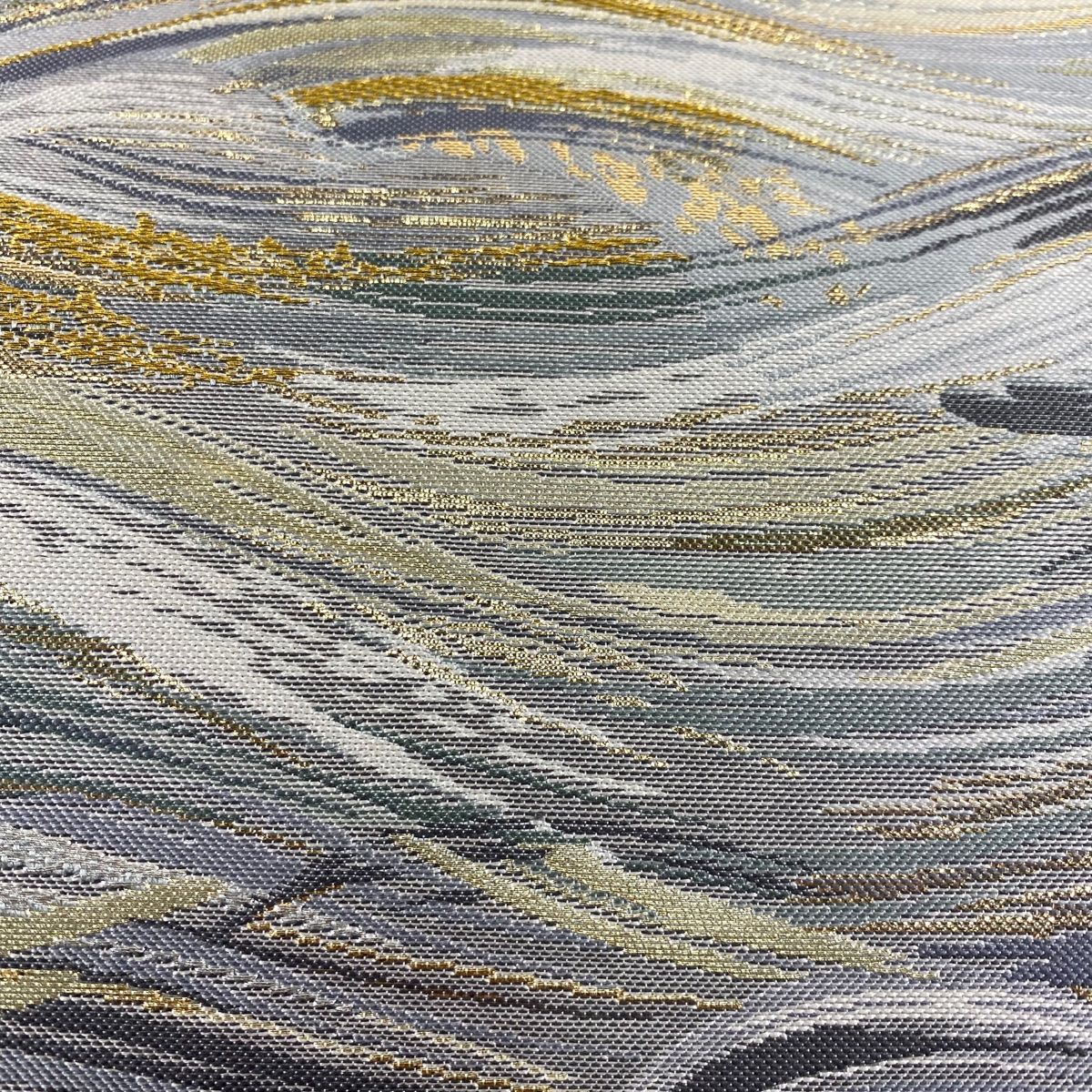 袋帯 秀品 雲海月映文 幾何学 金糸 箔 灰色 六通 正絹