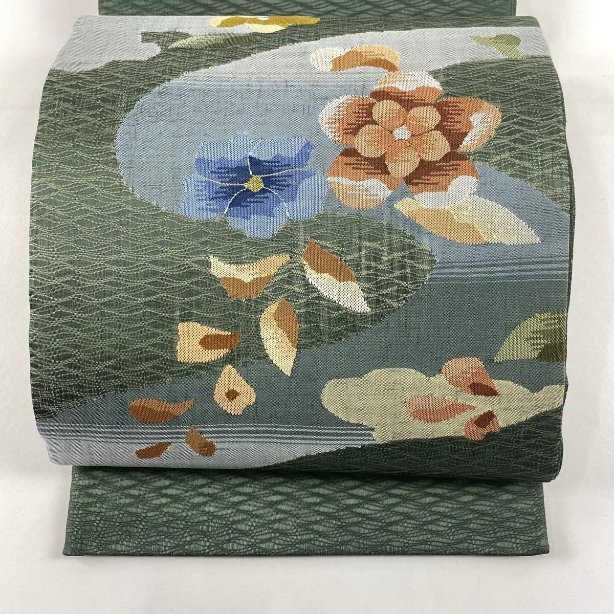 袋帯 秀品 夏帯 草花 霞 金銀糸 緑 お太鼓柄 正絹