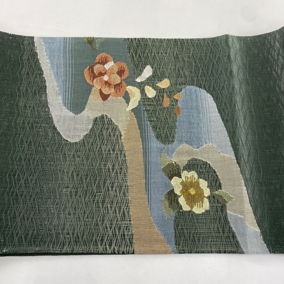  袋帯 秀品 夏帯 草花 霞 金銀糸 緑 お太鼓柄 正絹 袋帯 帯