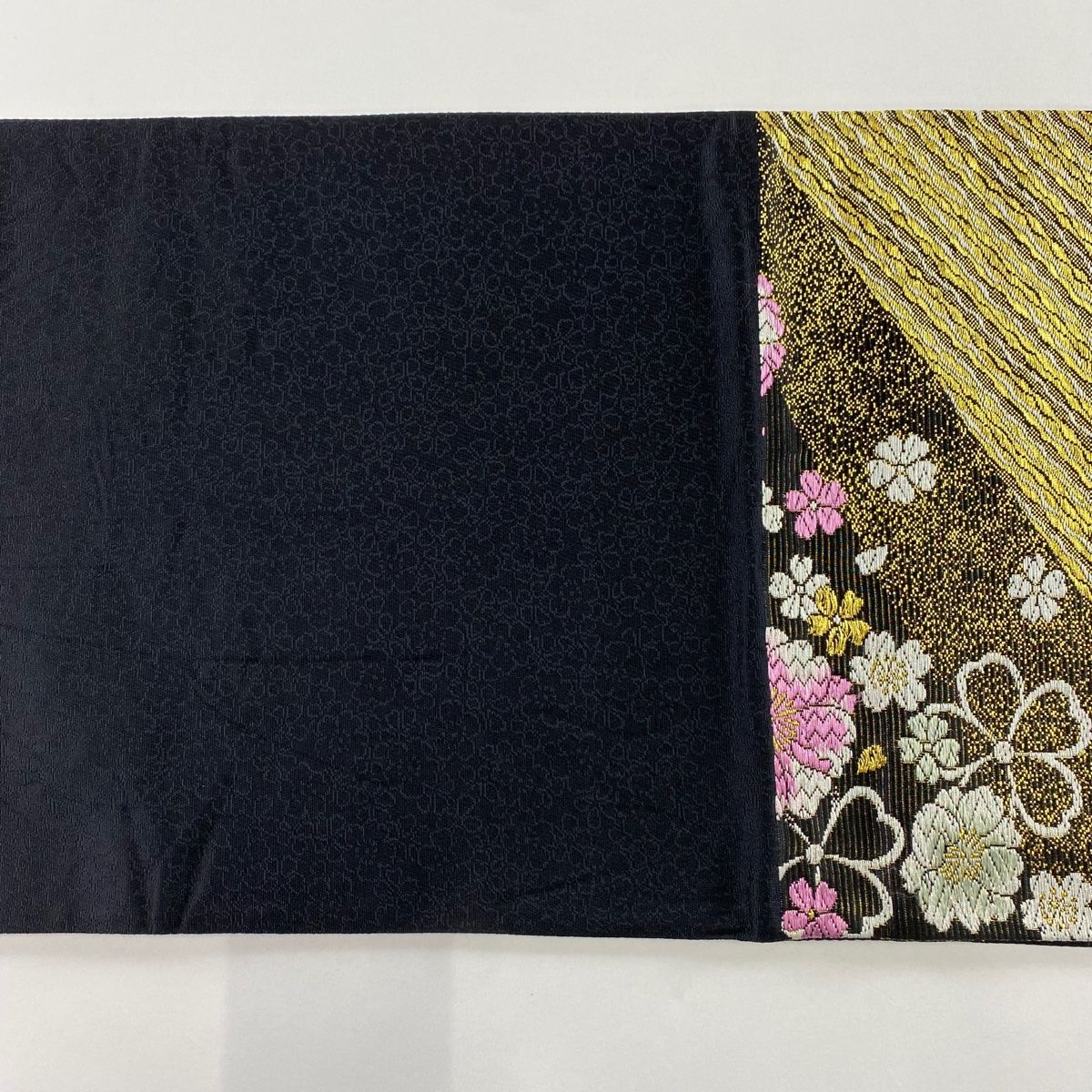  袋帯 秀品 花 斜縞 金糸 唐織 黒 六通 正絹 袋帯 帯