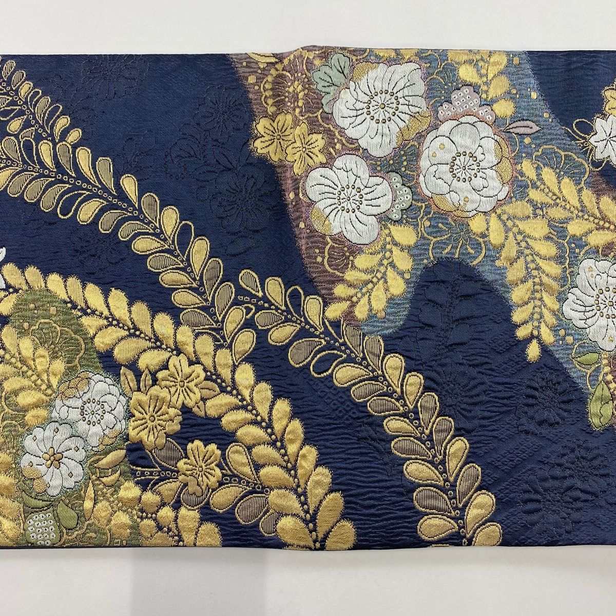  袋帯 秀品 辻が花 金糸 箔 紺色 六通 正絹 袋帯 帯