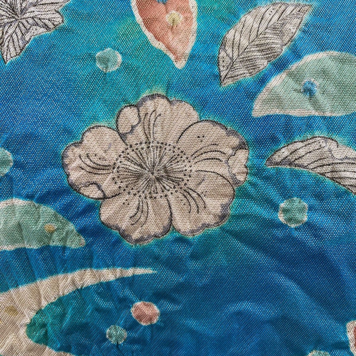 袋帯 秀品 草花 流水 金糸 箔 薄青緑 お太鼓柄 正絹