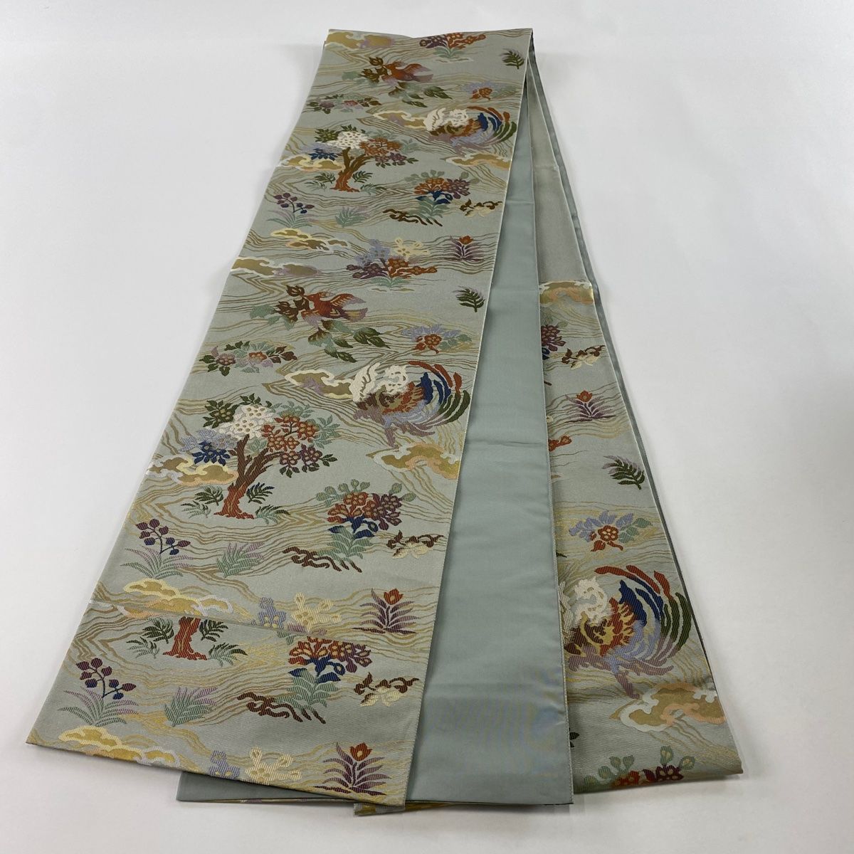  袋帯 秀品 鳳凰 樹木 箔 灰緑 六通 正絹 袋帯 帯