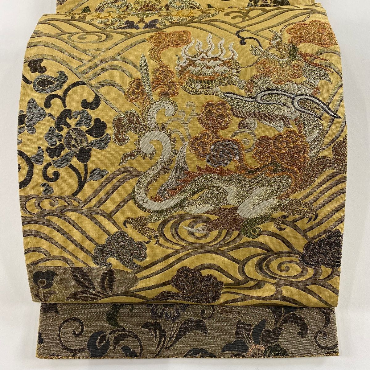 袋帯 秀品 虹彩 向かい鳥 波頭 金糸 箔 黄土色 六通 正絹