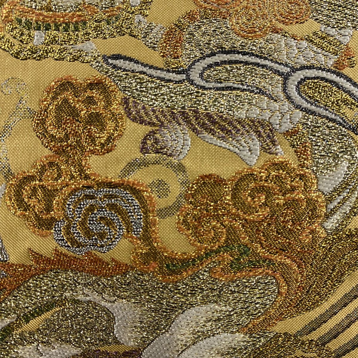 袋帯 秀品 虹彩 向かい鳥 波頭 金糸 箔 黄土色 六通 正絹