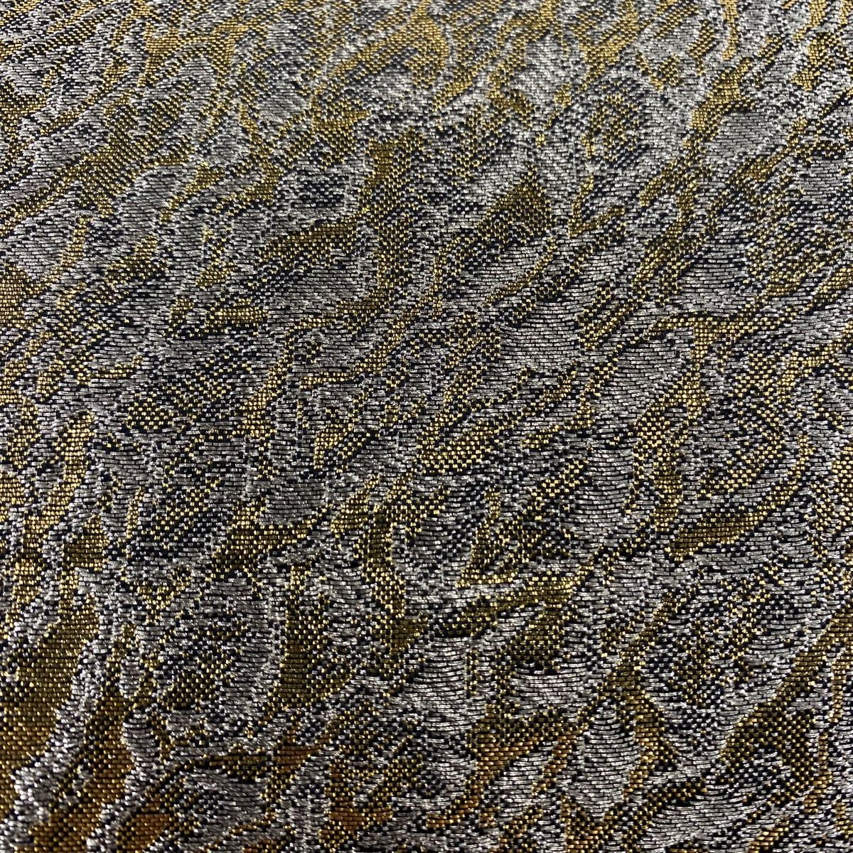 袋帯 秀品 森英恵 落款 幾何学 箔 銀糸 金色 全通 正絹