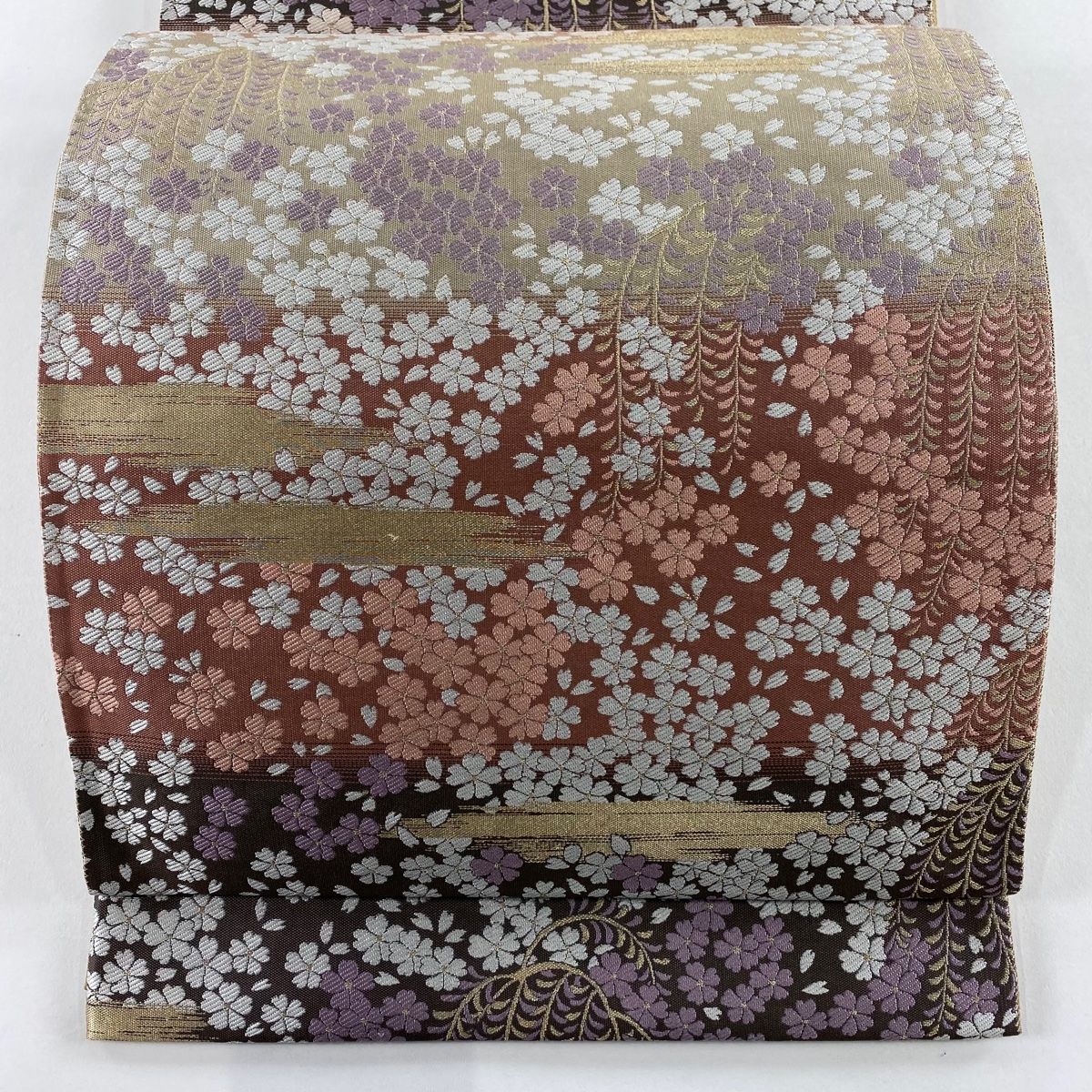 袋帯 秀品 萬葉染 紹巴 桜 柳 金糸 薄小豆 六通 正絹