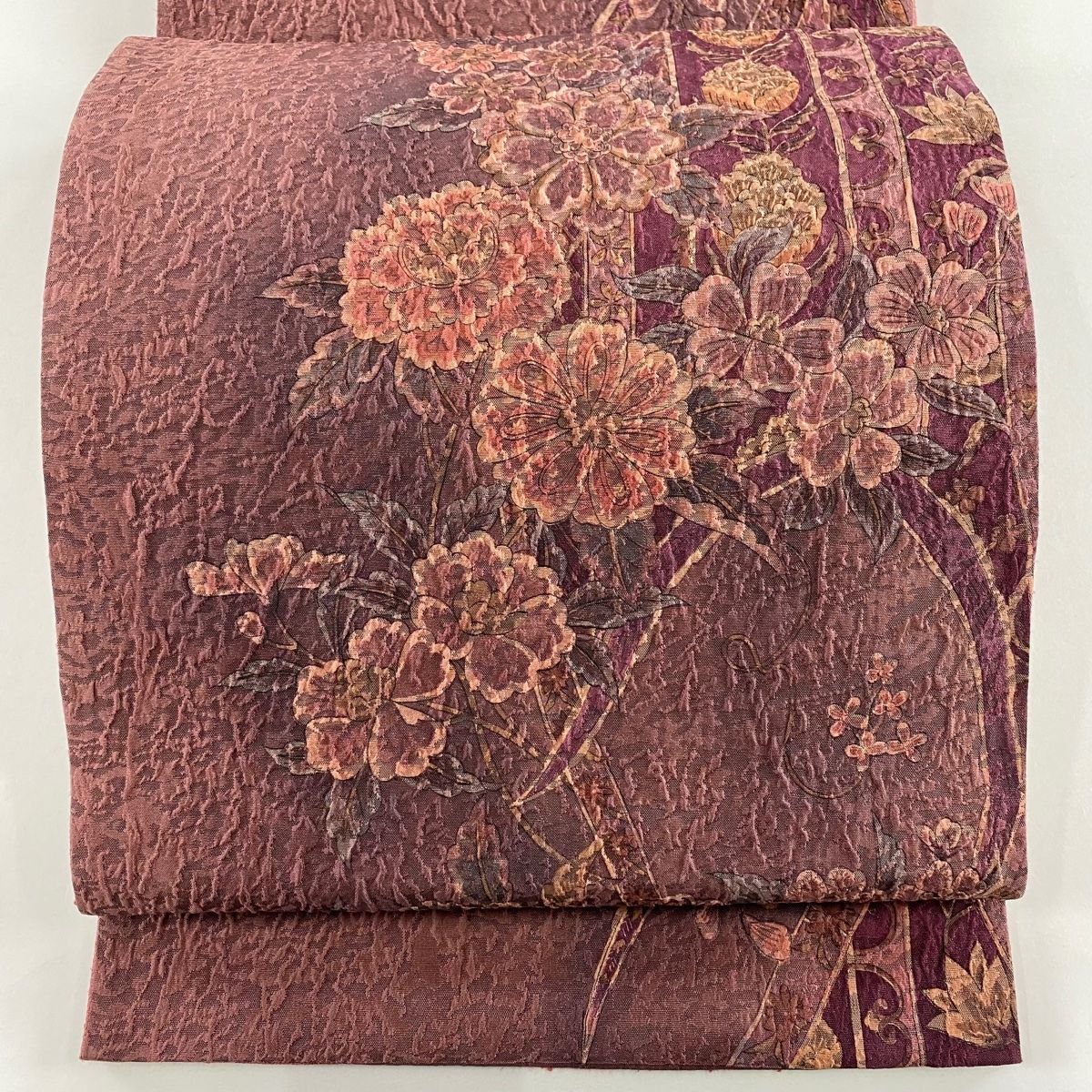 袋帯 秀品 更紗纐纈 更紗 草花 赤紫 全通 正絹