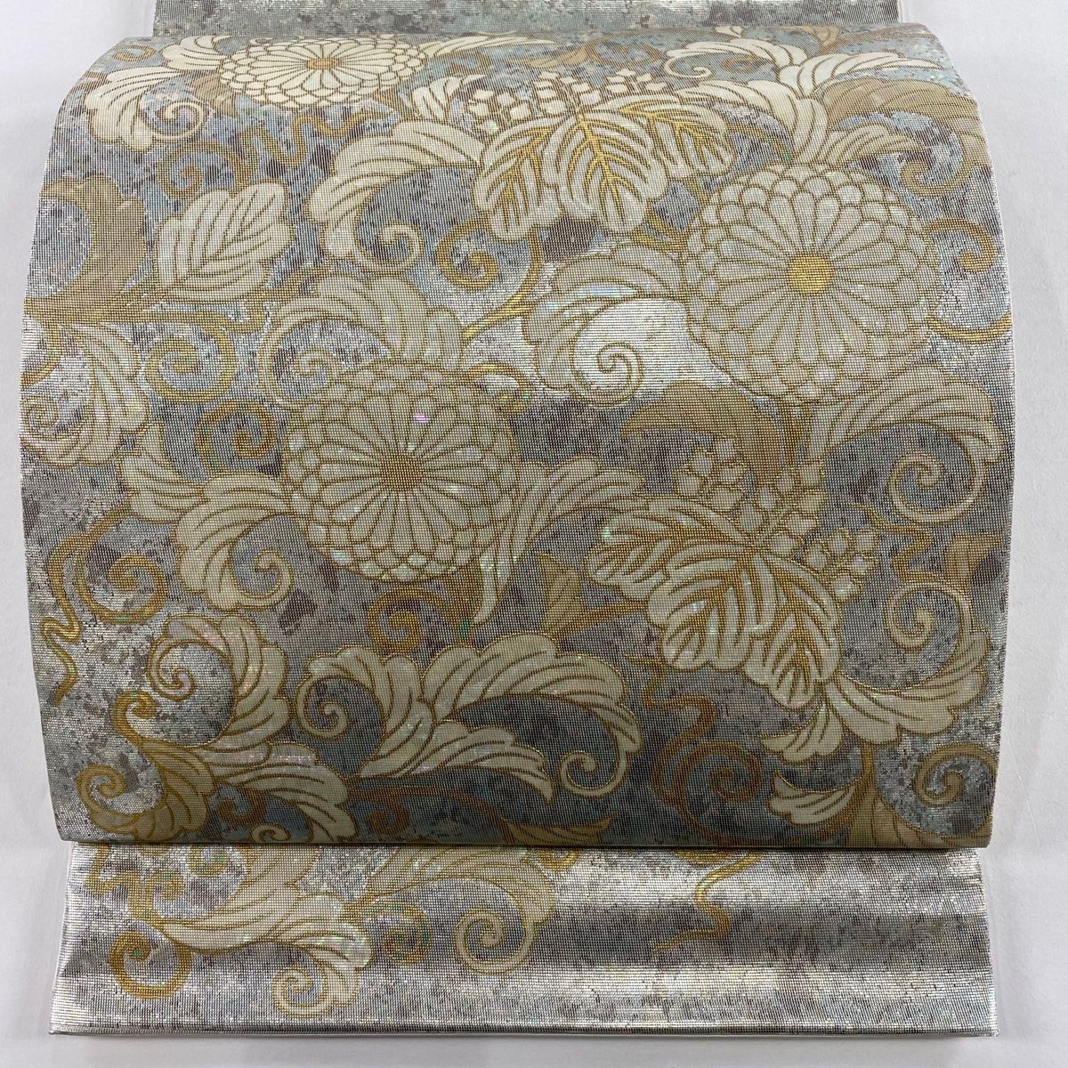 袋帯 秀品 菊唐草 灰緑 お太鼓柄 正絹