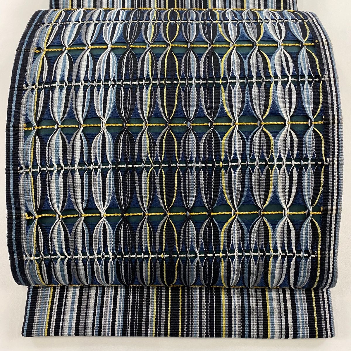 袋帯 秀品 幾何学 縞 金銀糸 紺色 お太鼓柄 正絹