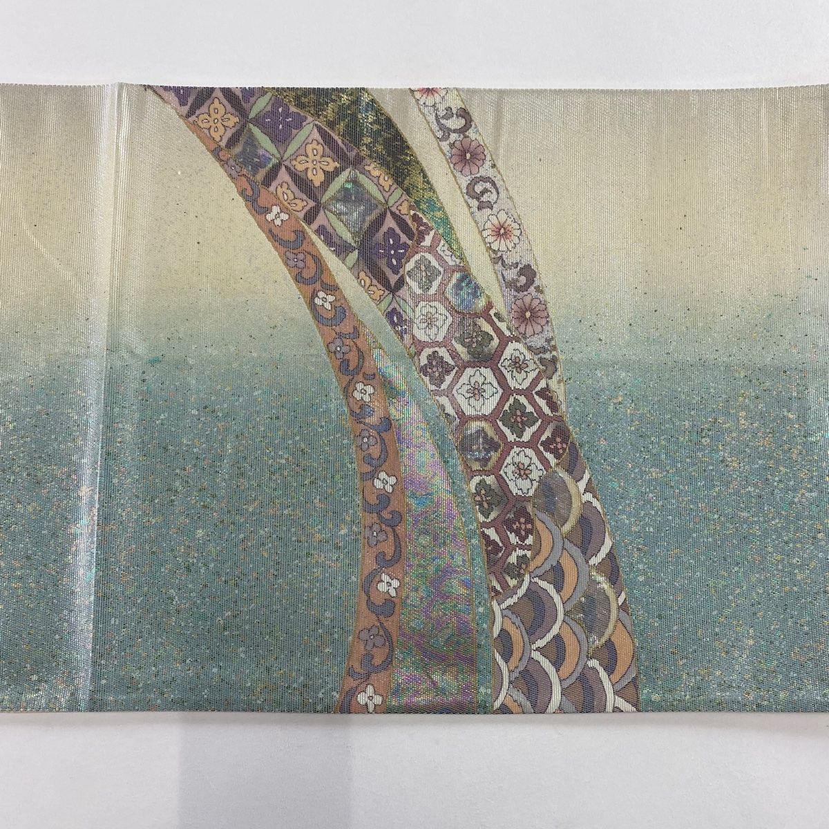  袋帯 秀品 宝尽くし 花唐草 箔 薄緑 お太鼓柄 正絹 袋帯 帯