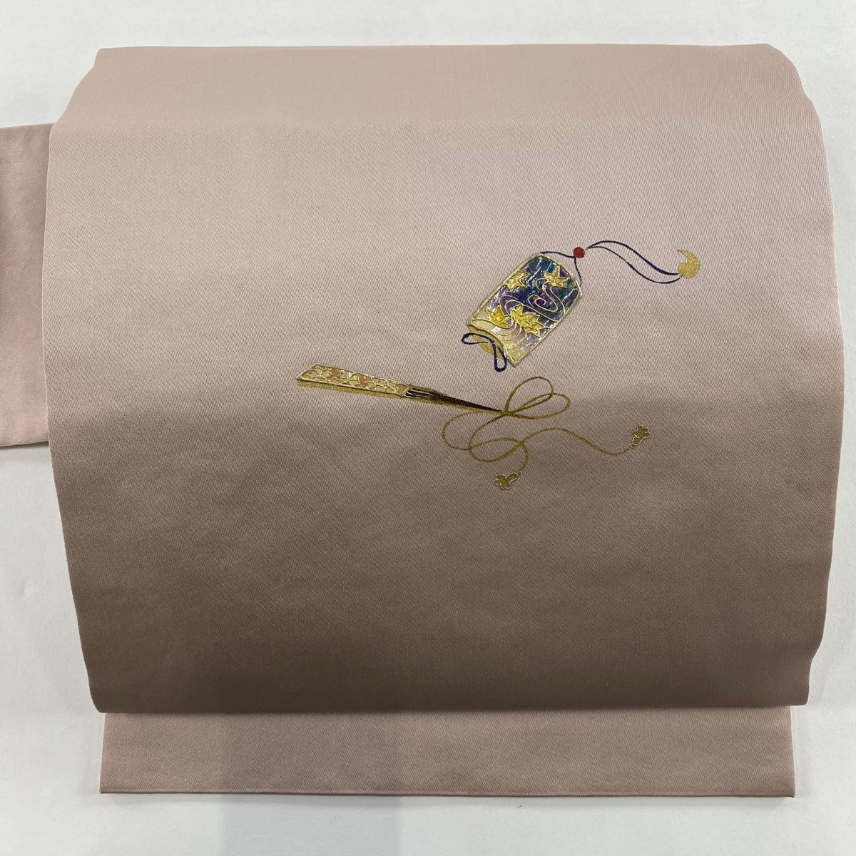 名古屋帯 秀品 印籠 扇子 螺鈿 金彩 薄小豆 正絹